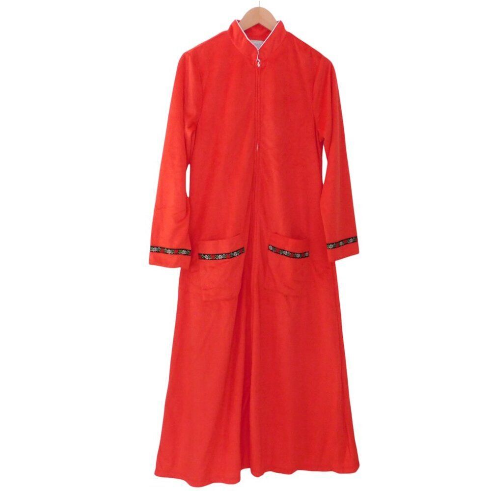 NEW Lanz of Salzburg Womens Robe Fleece‎ Red Long Sleeve Zip Front  Small